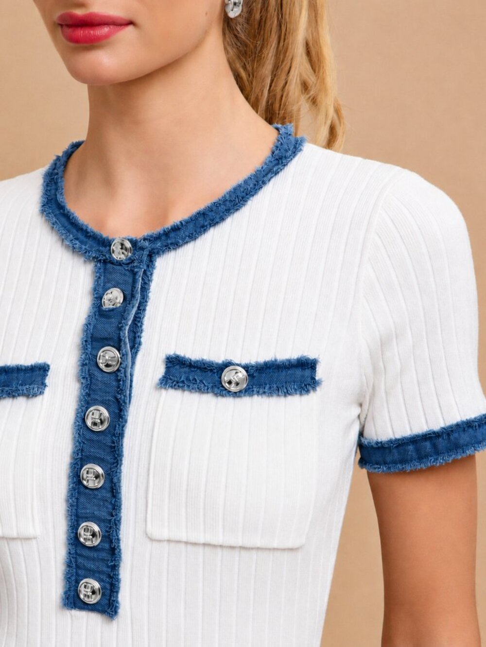 Elie Tahari White Knit Midi Dress Denim Blue Trim Silver Buttons Short Sleeve L - Picture 2 of 12